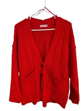 Madison Bright Red Cable-Knit Button Cardigan